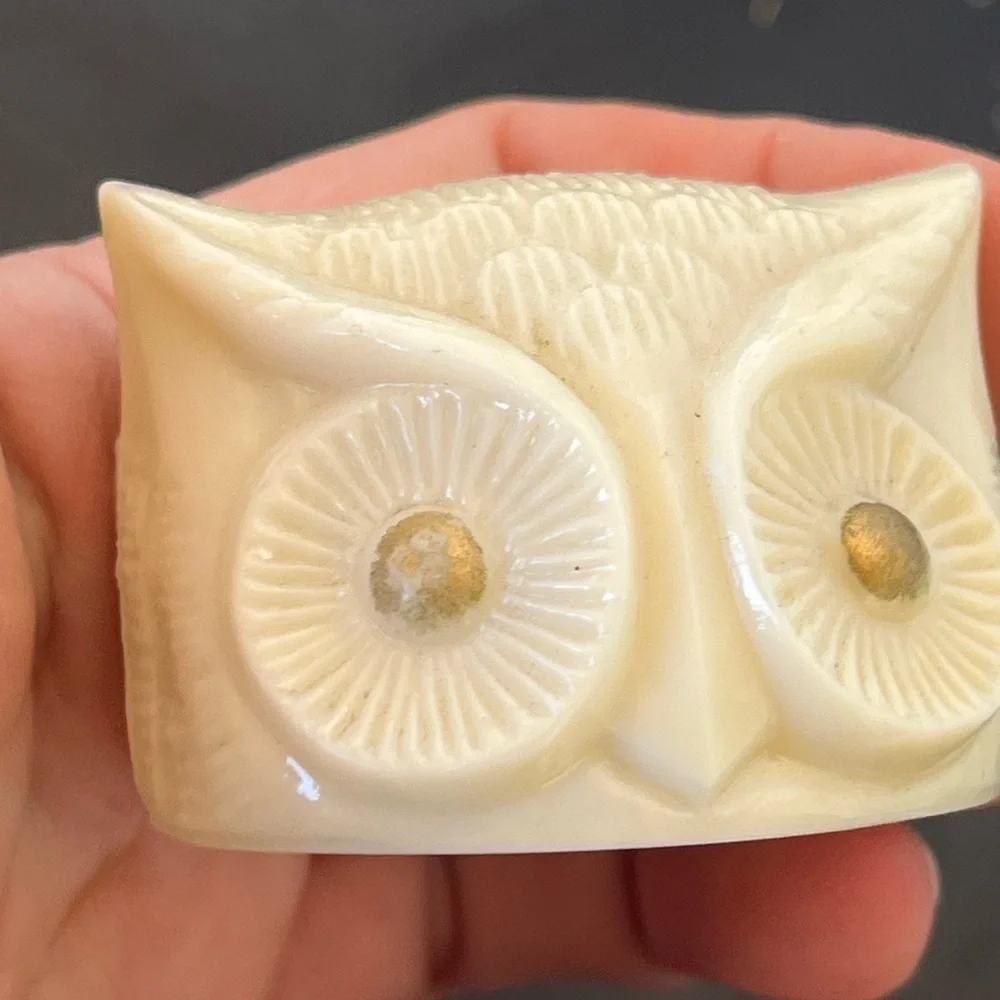 Trio of Cream Owl Jar Figurines with Gold Accents